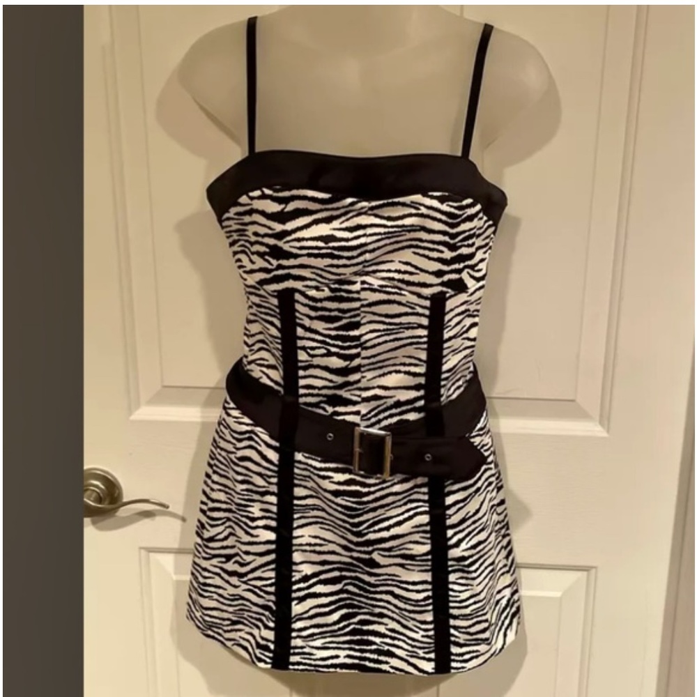 Guess Black/White Belted Mini Zebra Print Dress